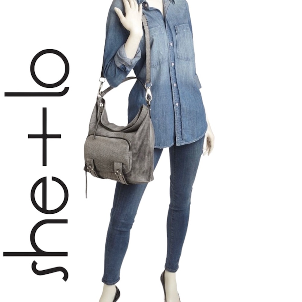 She + lo Next Chapter Perforated Gray Leather Hobo Crossbody Bucket Bag‎